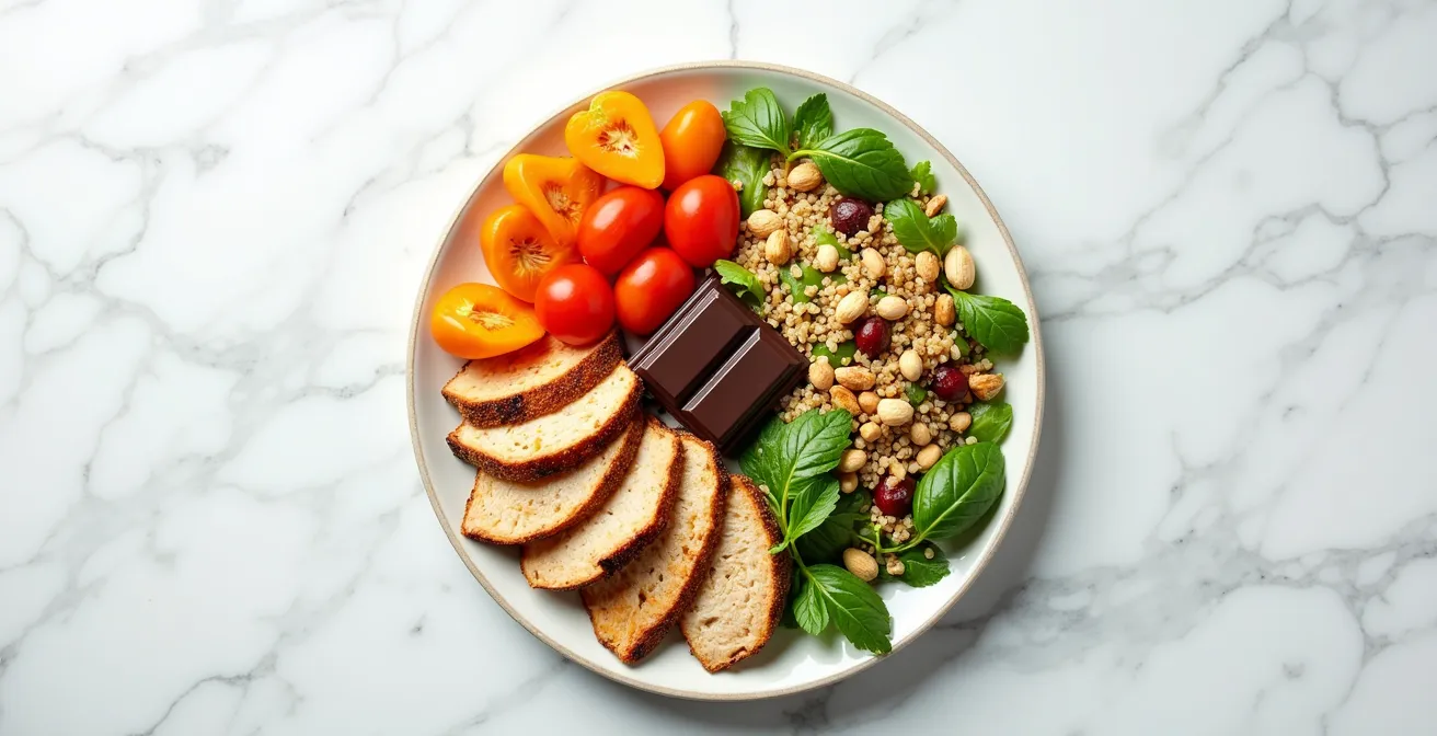 Vogelperspektive auf einen Teller mit 80% gesunden und 20% Genusslebensmitteln
