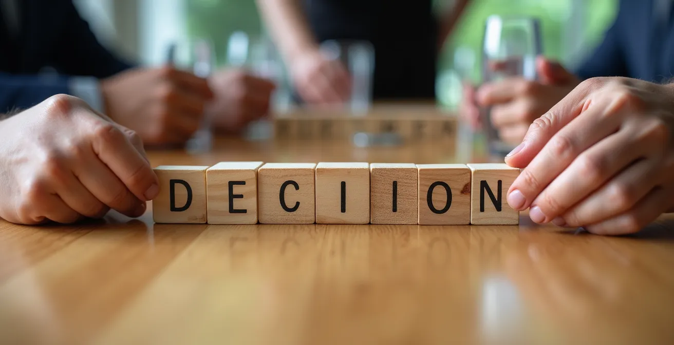 Detailaufnahme von Händen, die gemeinsam Entscheidungsbausteine auf einem Holztisch arrangieren