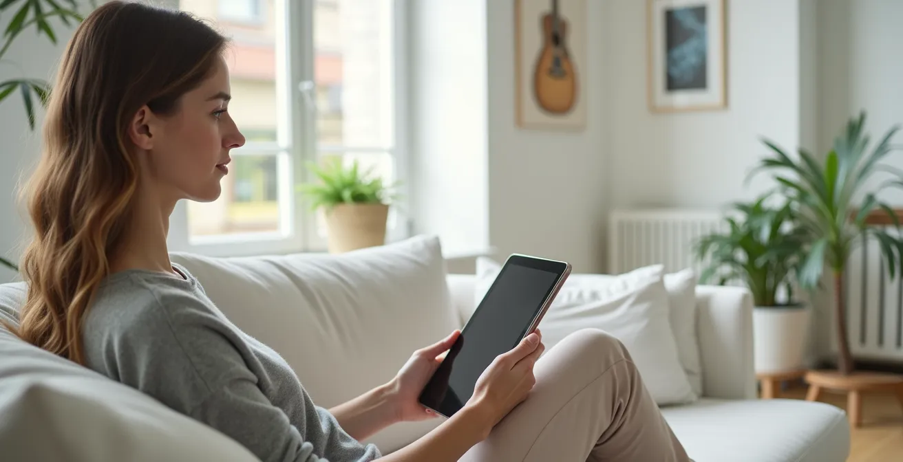 Person entdeckt lokale Kunst über digitale Plattformen auf Tablet