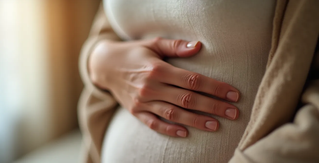 Nahaufnahme einer Hand auf dem Bauch zur Wahrnehmung von Hungersignalen