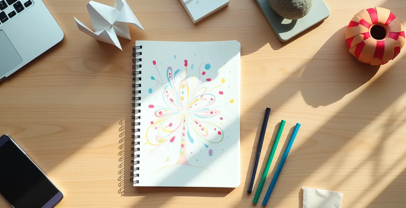 Arbeitsplatz mit einfachen Kreativwerkzeugen für kurze Pausen