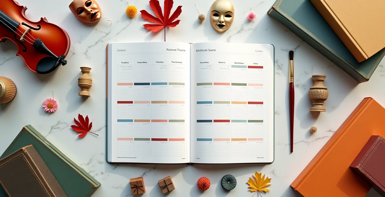 Jahreskalender umgeben von verschiedenen Kunstobjekten und Kultursymbolen in harmonischer Anordnung