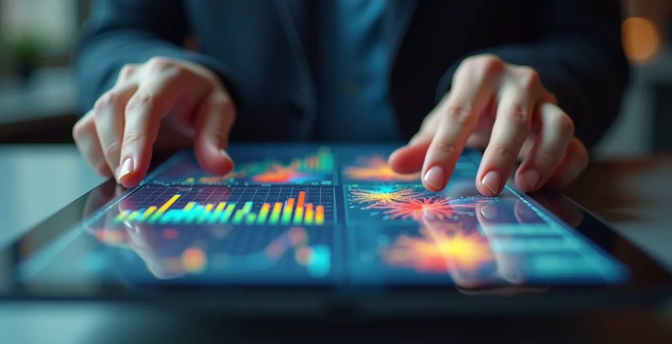 Nahaufnahme einer Hand die auf einem Tablet digitale Analysen von Testmärkten zeigt