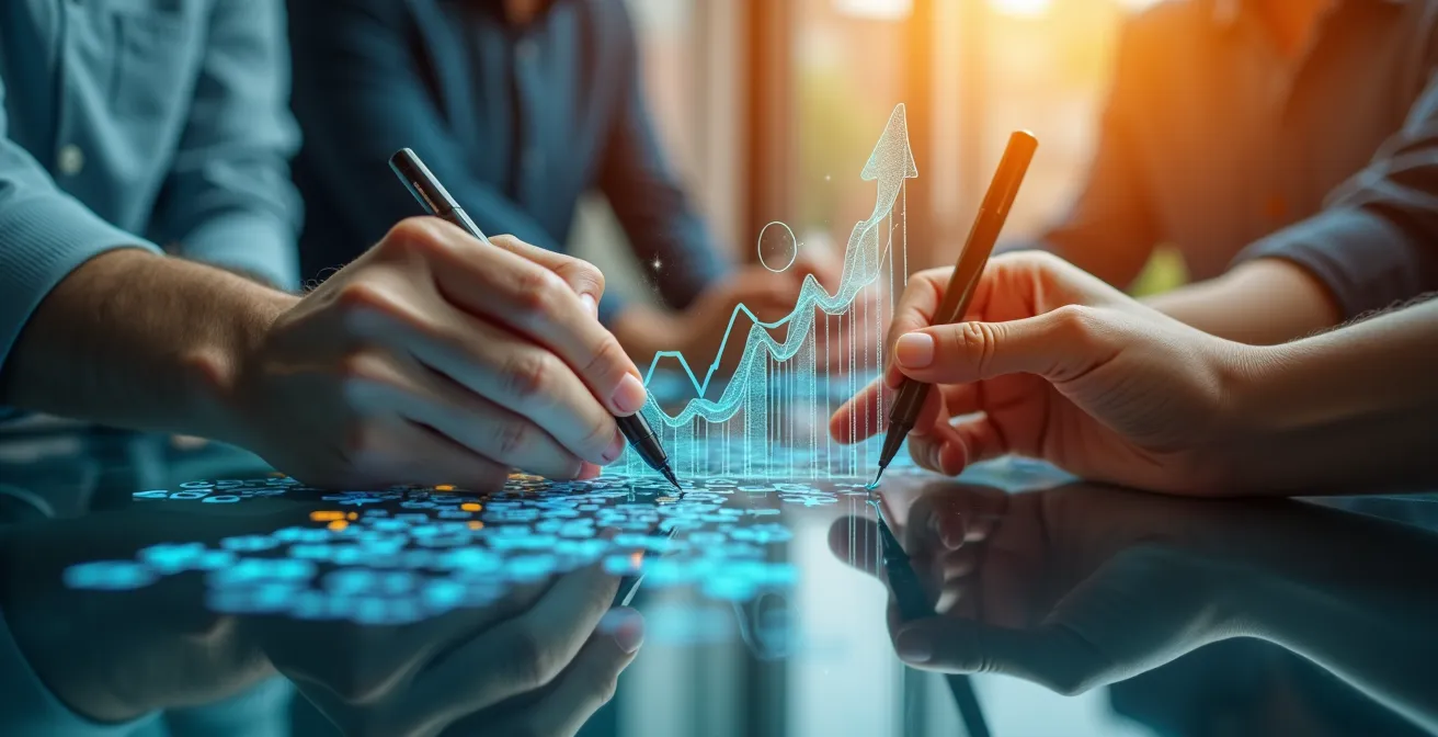 Nahaufnahme von Händen die abstrakte Wertsteigerungskurve zeichnen