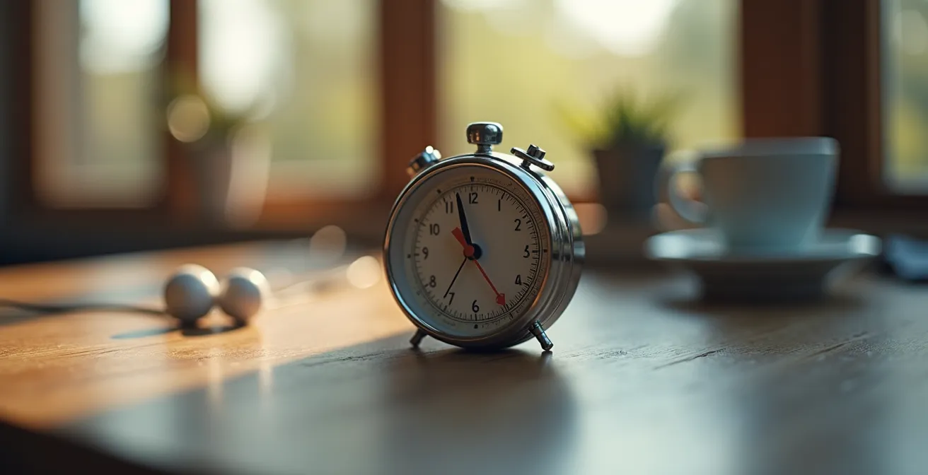 Minimalistische Darstellung einer täglichen 15-Minuten-Lernroutine im Arbeitsalltag