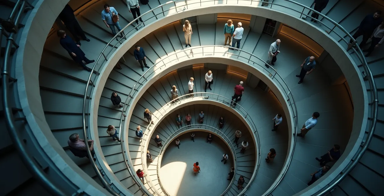 Visualisierung einer aufsteigenden Lernspirale mit Wissenstransfer zwischen Teams