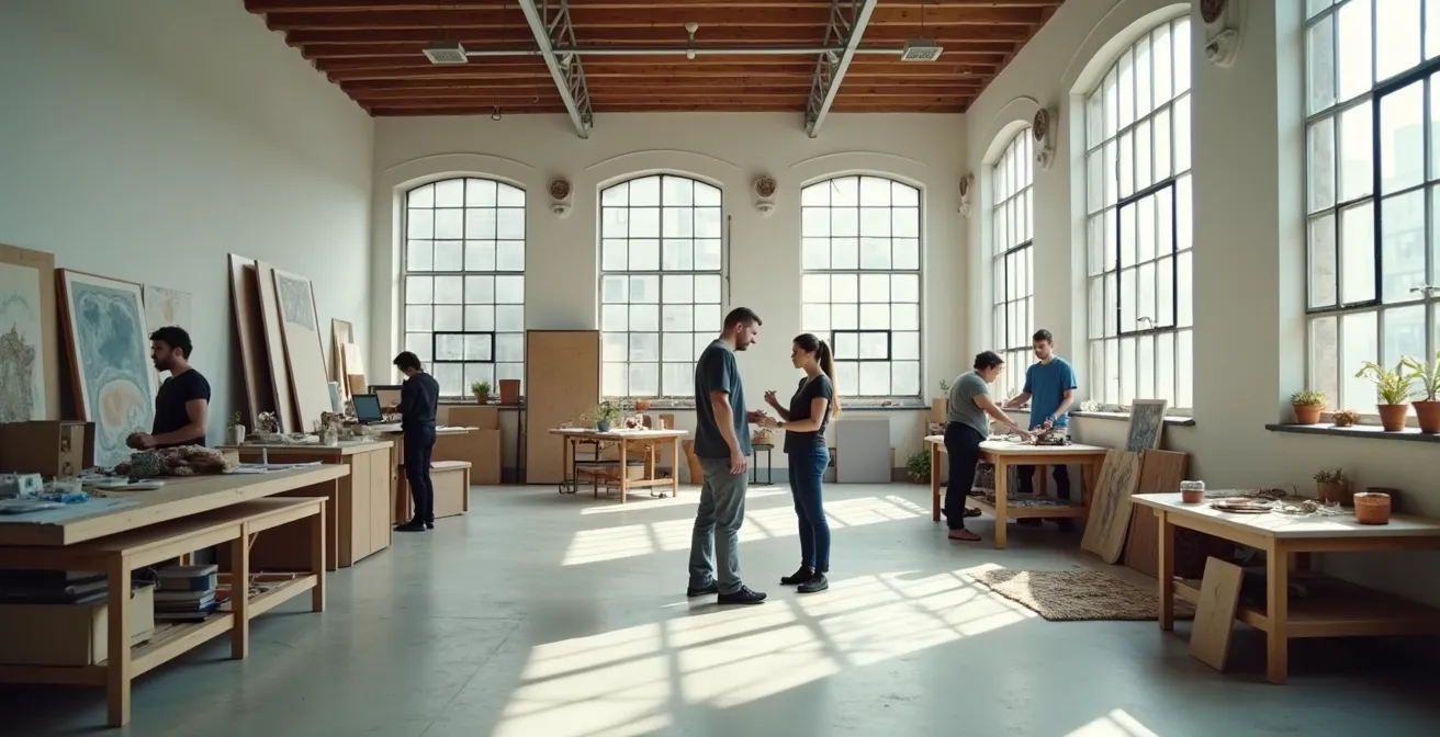 Künstlerin im internationalen Atelierkomplex mit diversen Kollegen beim kreativen Austausch