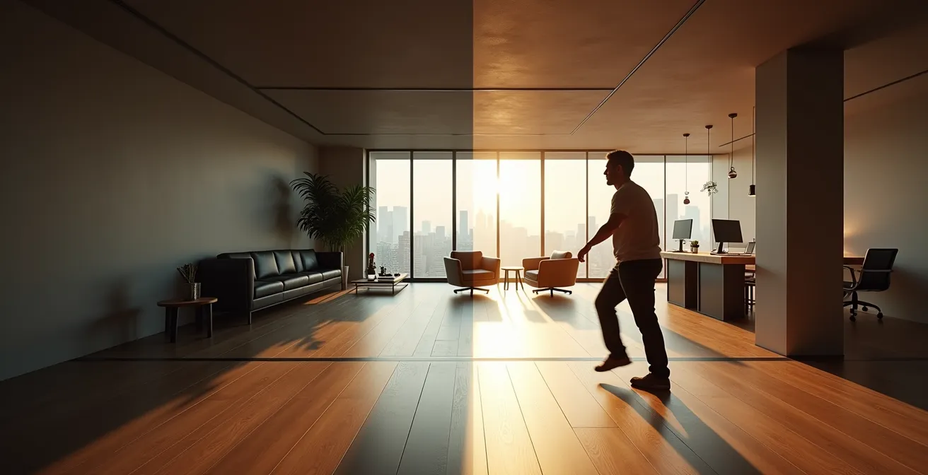 Strategisch gestalteter Wohnraum mit Bewegungszonen und minimierten Sitzinseln