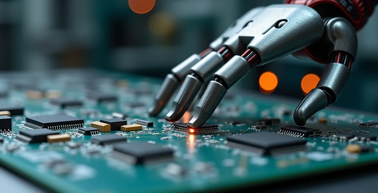 Makroaufnahme einer präzisen Roboterhand bei der Montage elektronischer Komponenten