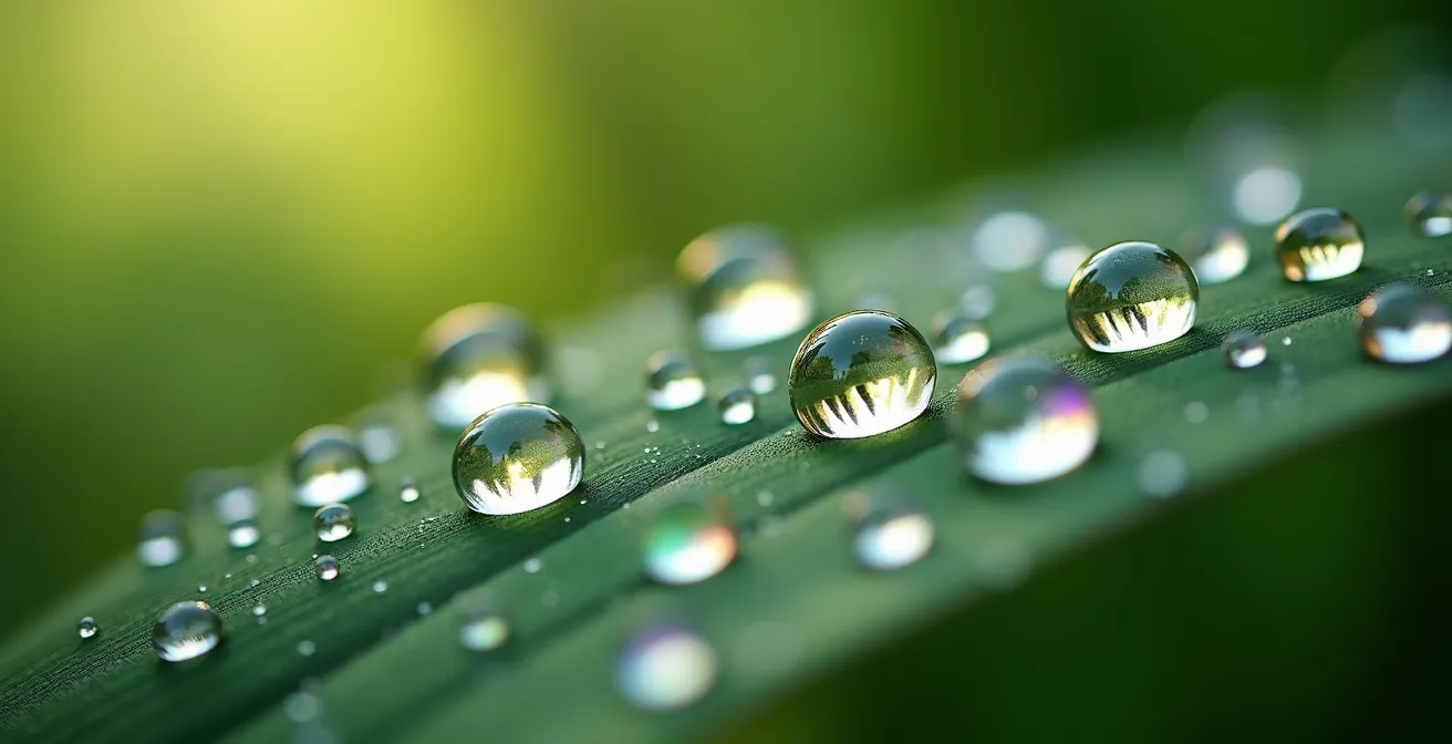 Makroaufnahme von Tautropfen auf einem Blatt als Symbol für achtsame Wahrnehmung