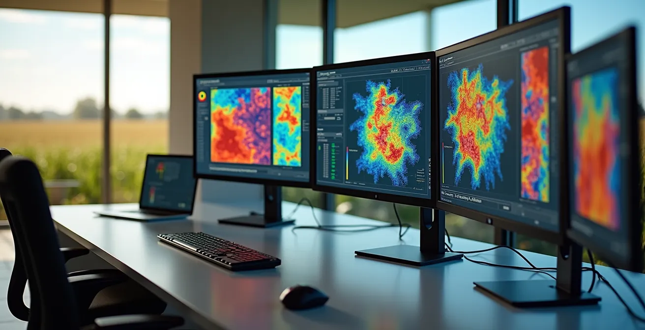 Weitwinkelaufnahme eines modernen Büros mit anonymisierten Ertragskarten-Visualisierungen