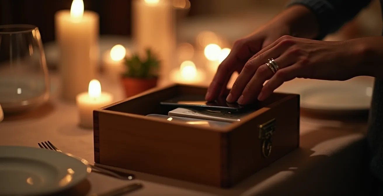 Paar legt bewusst Smartphones in geschlossene Holzbox während romantischem Abendessen