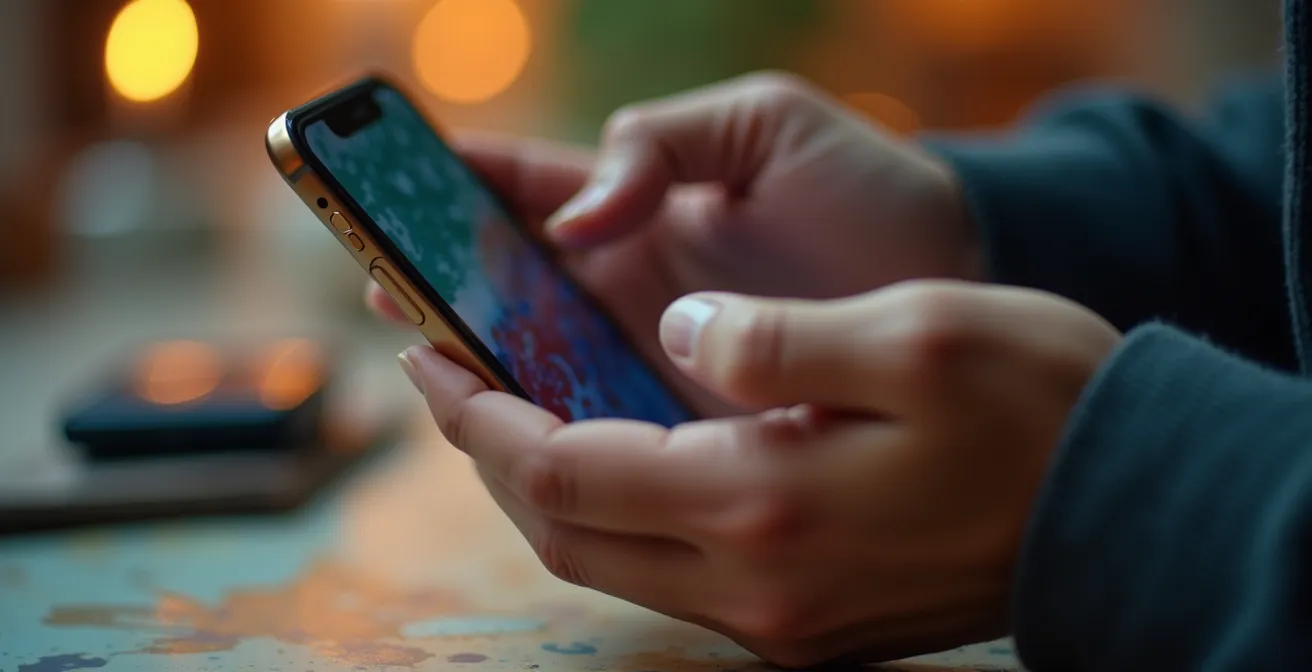 Hände navigieren auf einem Smartphone durch lokale Kunstprofile, im Hintergrund ist ein unscharfes Künstleratelier zu sehen.