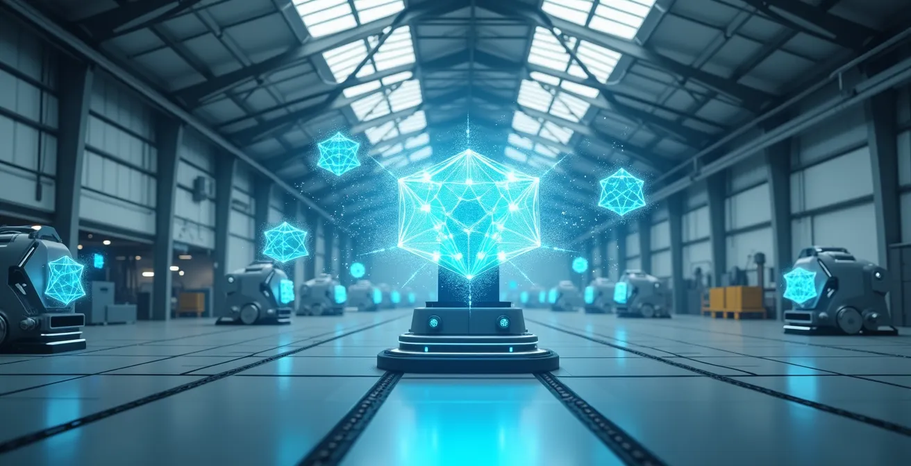 Weitwinkelansicht einer modernen Produktionshalle mit digitalen Überlagerungen zur Prozessvisualisierung