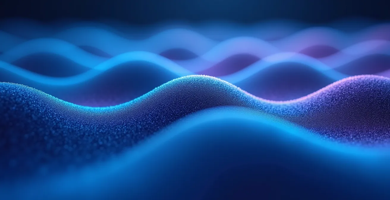 Nahaufnahme von Gehirnwellenmustern in abstrakten Visualisierungen, die Alpha- und Theta-Wellen symbolisieren.