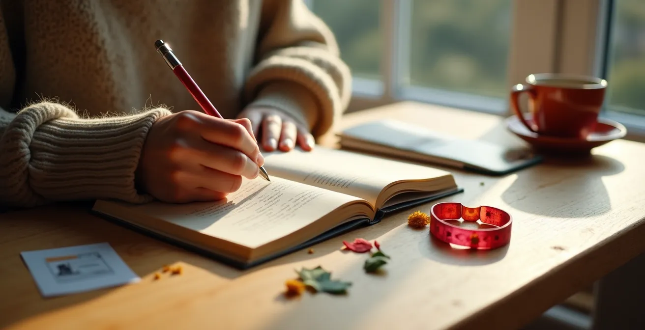 Person schreibt in Tagebuch mit Konzerterinnerungen auf dem Tisch