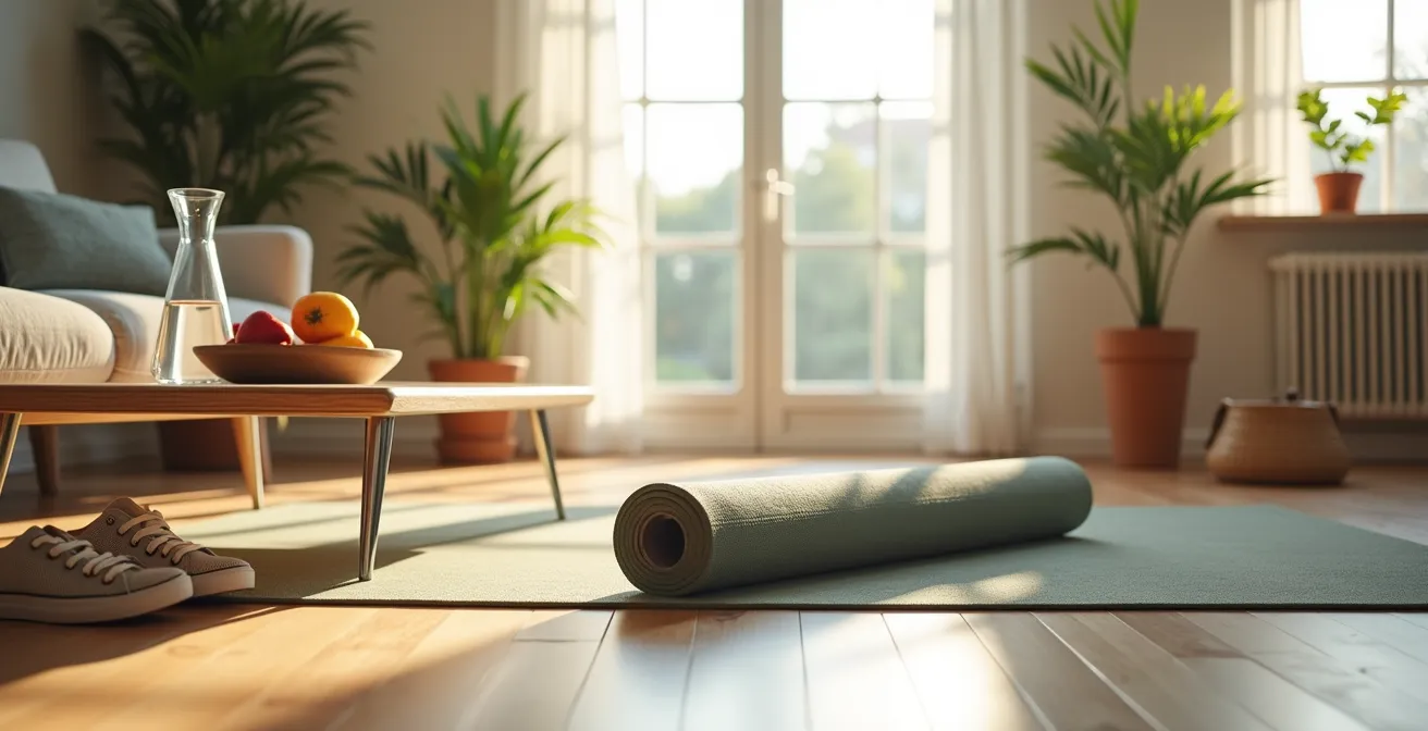 Minimalistischer Wohnraum mit strategisch platzierten Gesundheitsobjekten für automatische Gewohnheiten