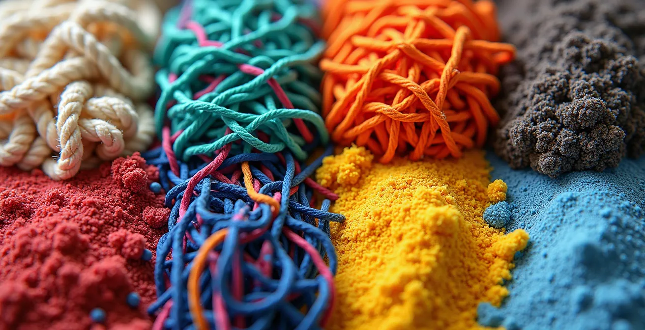 Makroaufnahme von vier verschiedenen Texturen die körperliche, soziale, kreative und kontemplative Aktivitäten symbolisieren