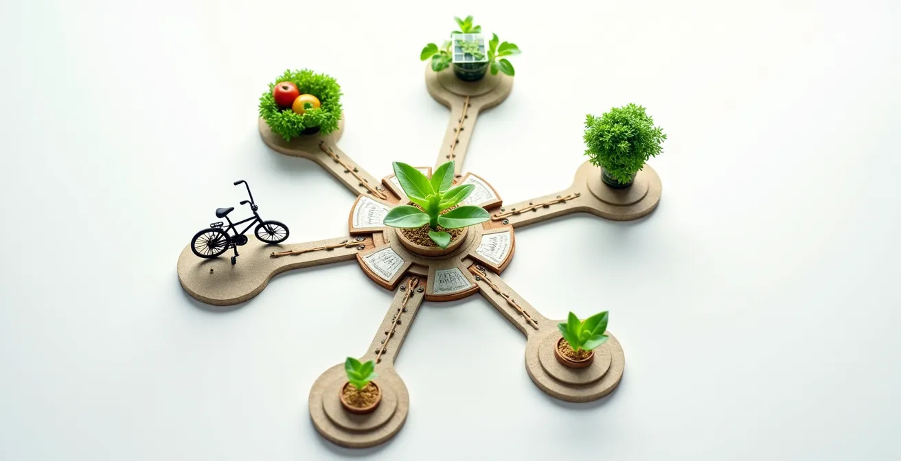 Visuelle Darstellung der fünf Lebensbereiche für nachhaltige Transformation: Mobilität, Ernährung, Wohnen, Konsum und Finanzen.