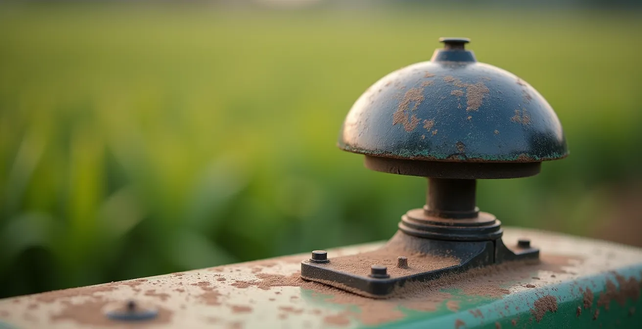 Nahaufnahme der GPS-RTK-Antenne auf Traktordach mit Feldarbeit im Hintergrund