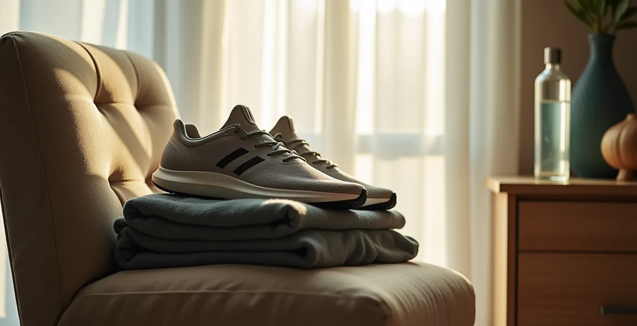 Sportkleidung liegt bereit neben dem Bett für die morgendliche Routine, was das Habit-Stacking visualisiert.