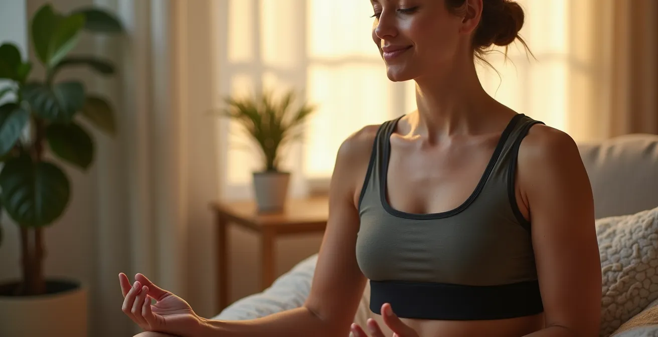 Person mit HRV-Sensor während meditativer Atemübung in ruhiger Umgebung