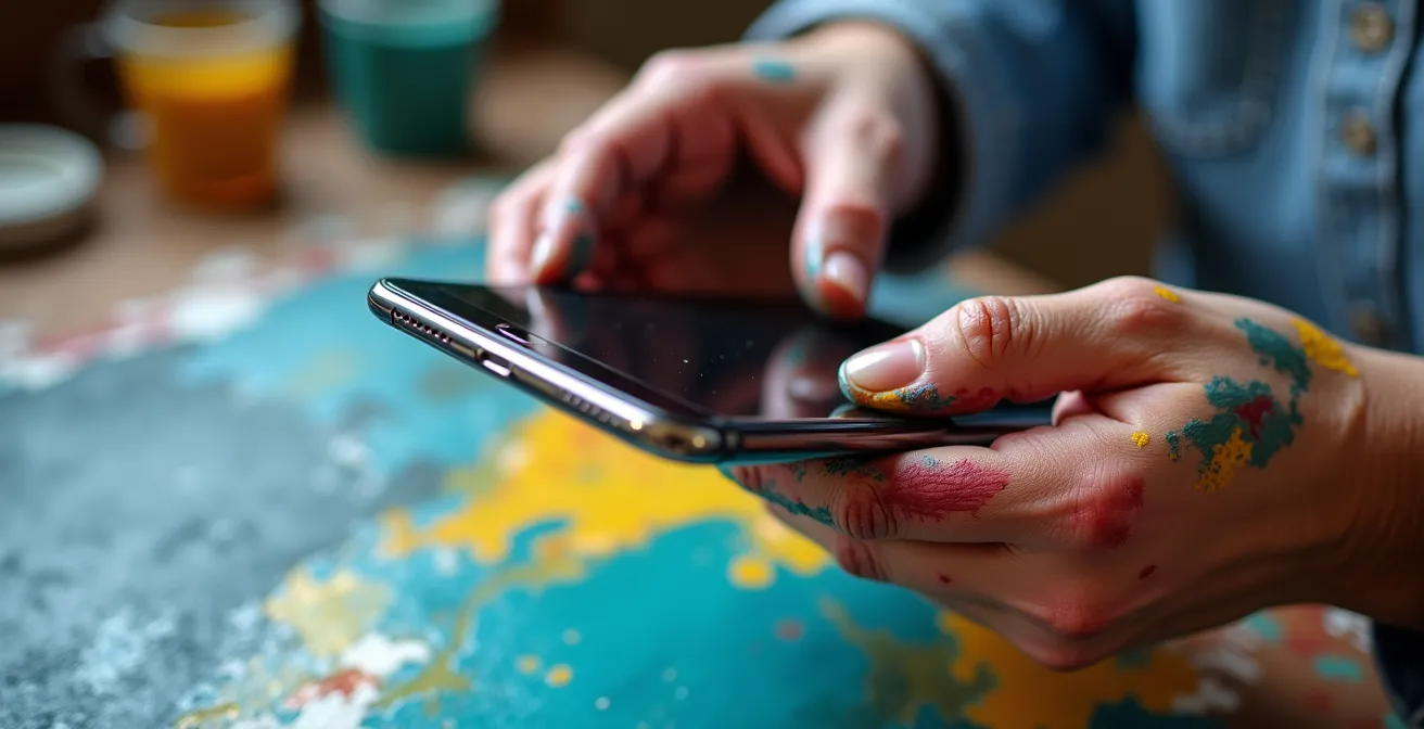 Nahaufnahme von Künstlerhänden beim Fotografieren eines Kunstwerks im Atelier für Instagram