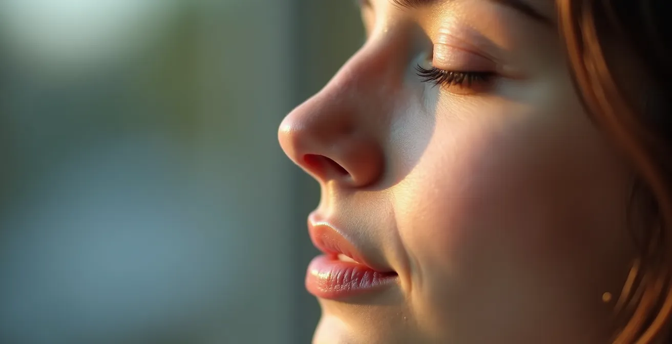 Makroaufnahme eines entspannten Gesichts mit Fokus auf ruhige Atmung und gelöste Gesichtszüge