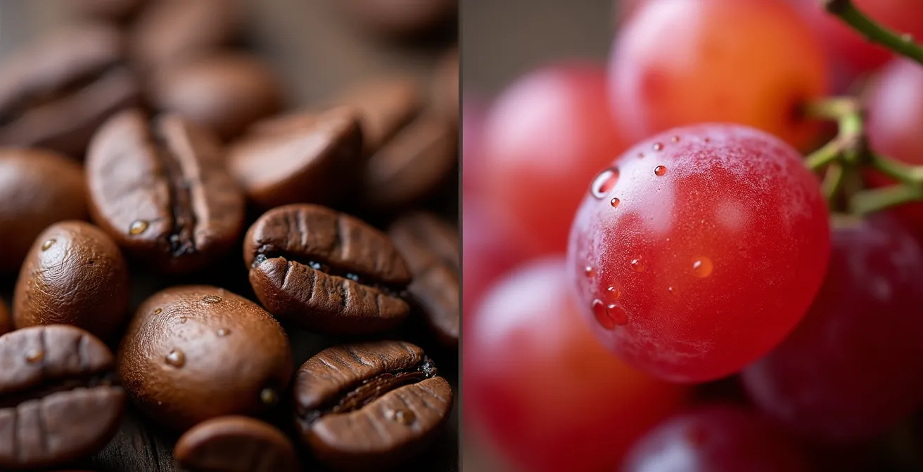 Makroaufnahme von Kaffeebohnen und Weintrauben nebeneinander mit unterschiedlichen Texturen und Farbnuancen