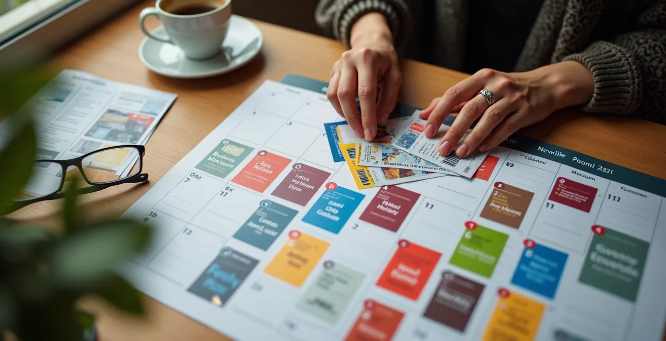 Person plant kulturelles Jahresprogramm mit verschiedenen Kulturtickets und Kalendern