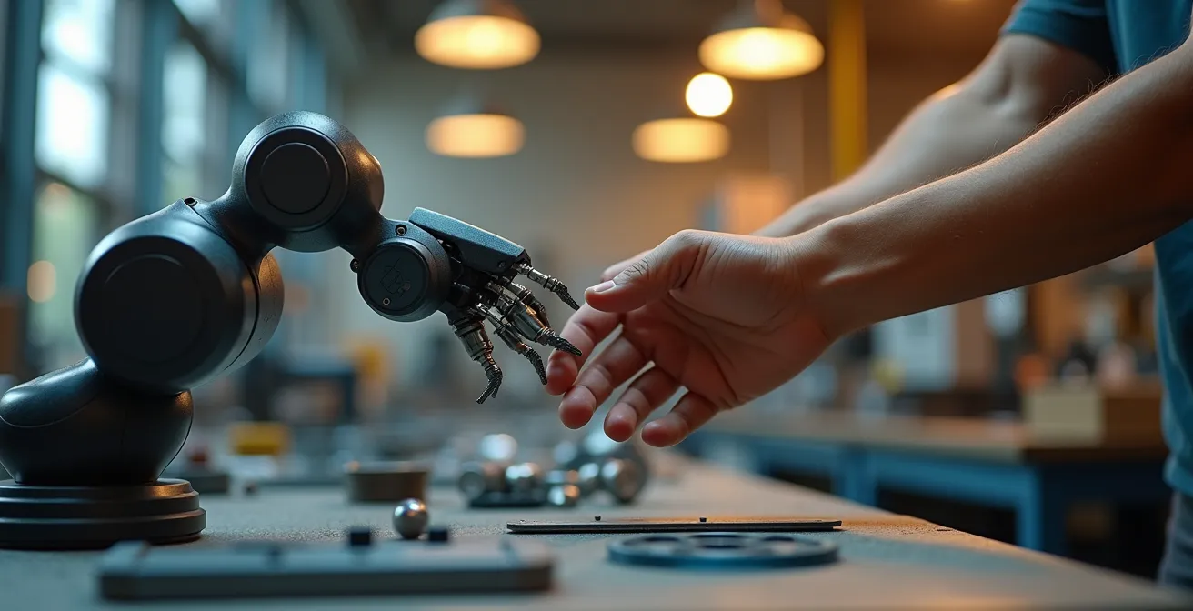 Nahaufnahme einer harmonischen Zusammenarbeit zwischen Arbeiterhand und Robotergreifer