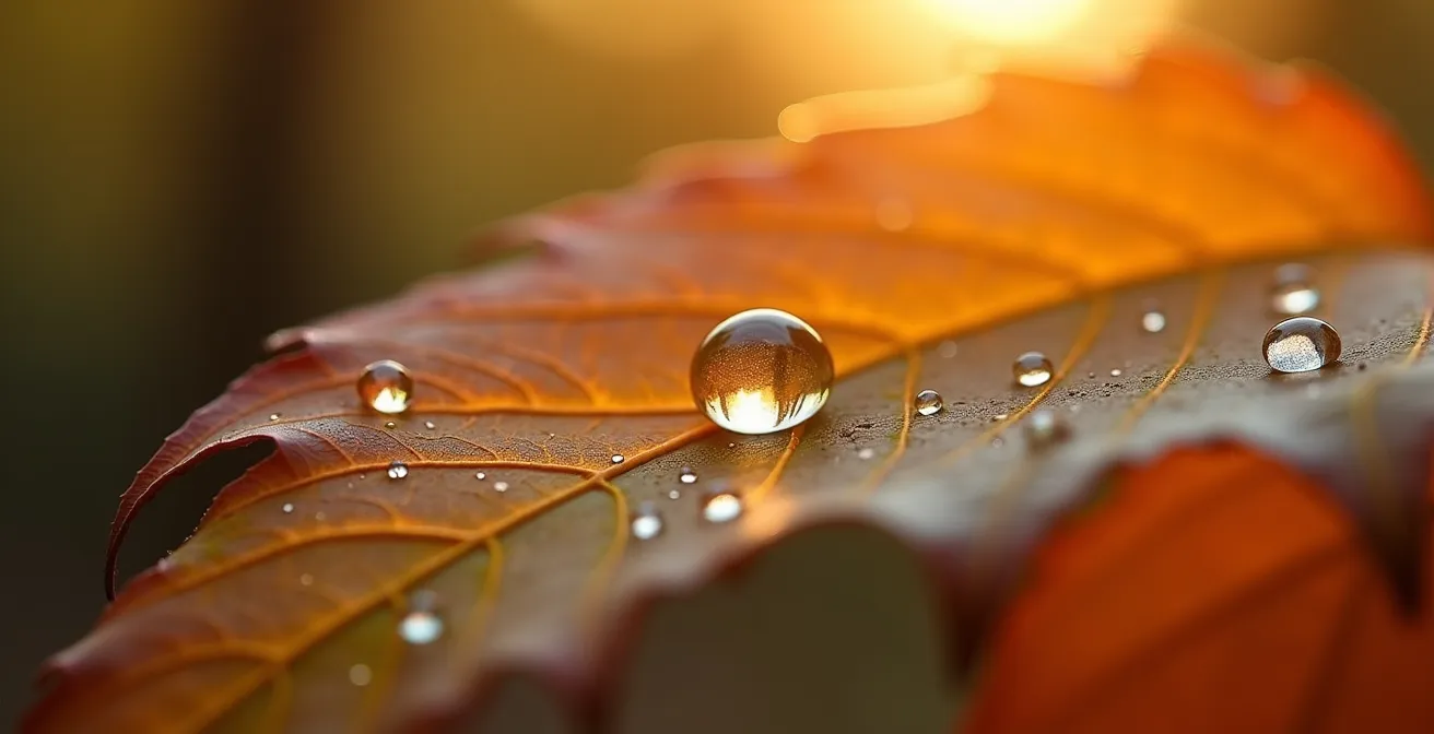 Makroaufnahme von Morgentau auf Herbstblättern in der Mikro-Saison