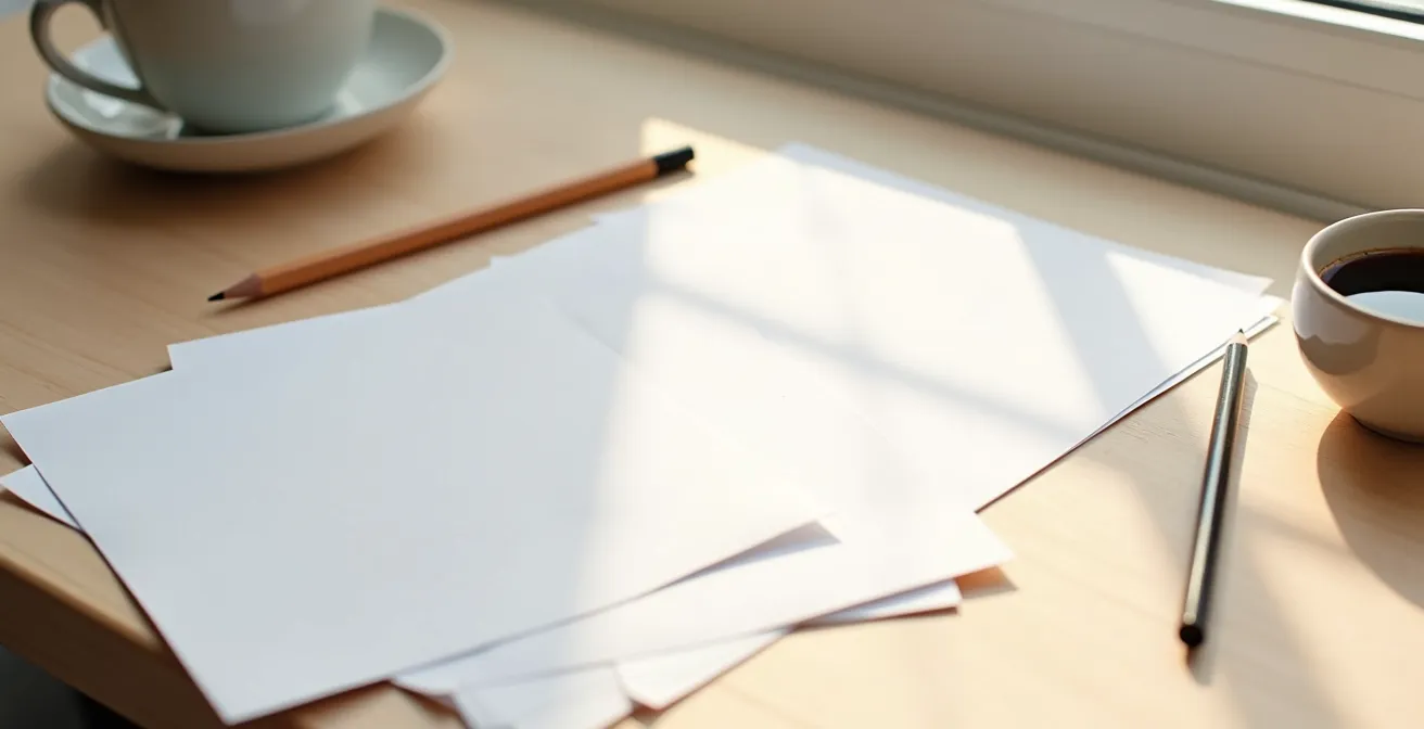 Einfache Kreativmaterialien wie Papier und Stift sind auf einem hellen Holztisch arrangiert und symbolisieren den leichten Einstieg in die Kreativität.