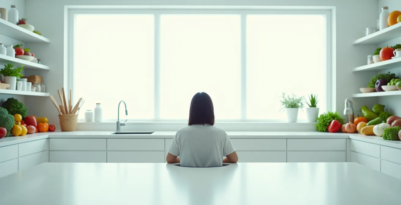 Einsame Person umgeben von perfekt arrangierten, aber unerreichbaren Lebensmitteln