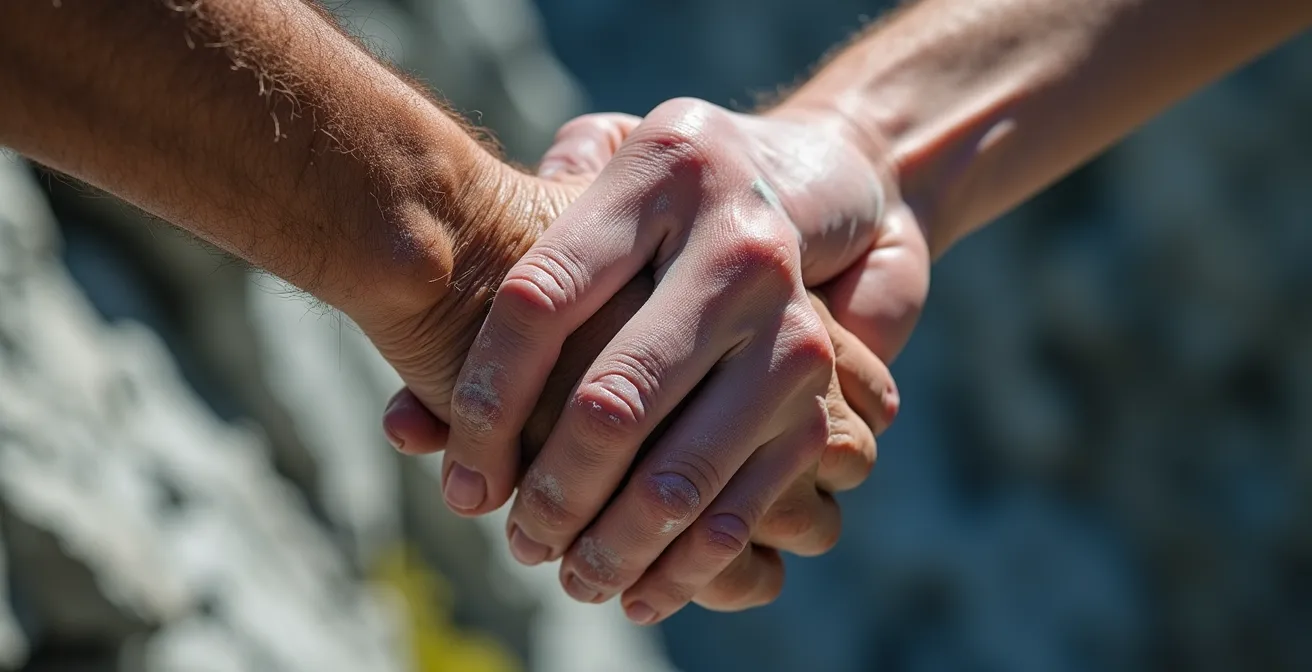 Paar hilft sich gegenseitig beim Aufstieg auf felsigen Berggipfel