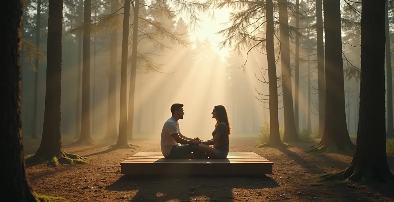 Paar in tiefem Gespräch auf Waldlichtung mit weichem Morgenlicht