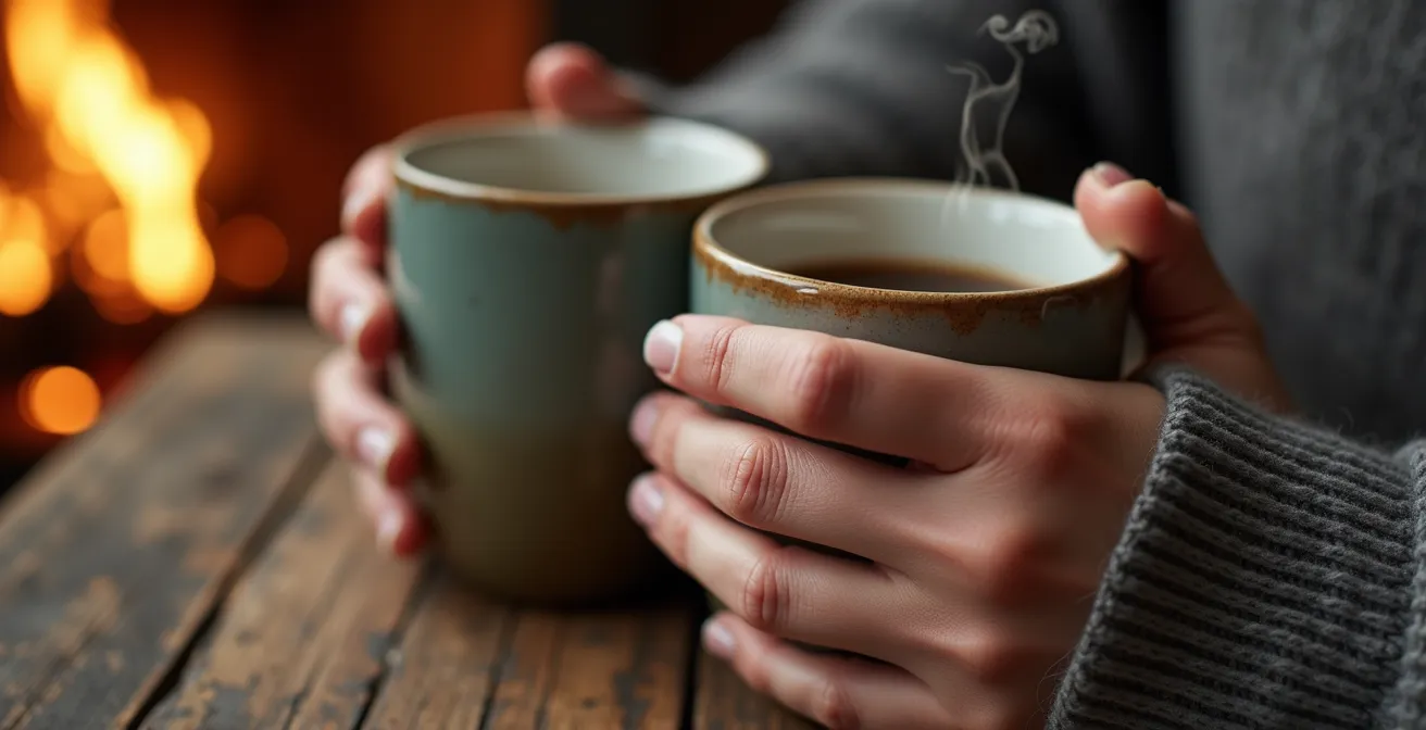 Ein Paar sitzt vor einer abgelegenen Berghütte ohne elektronische Geräte und genießt die gemeinsame Zeit