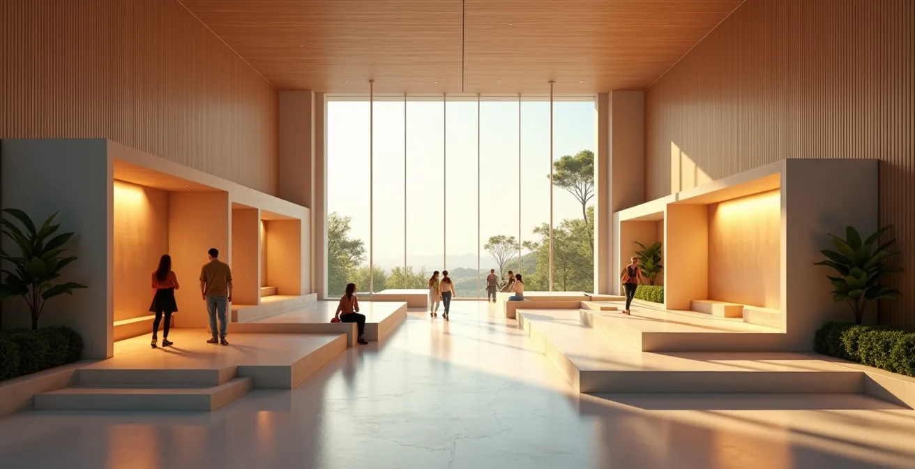 Weitwinkelaufnahme eines offenen Raums mit fünf symbolischen Bereichen für PERMA-Säulen