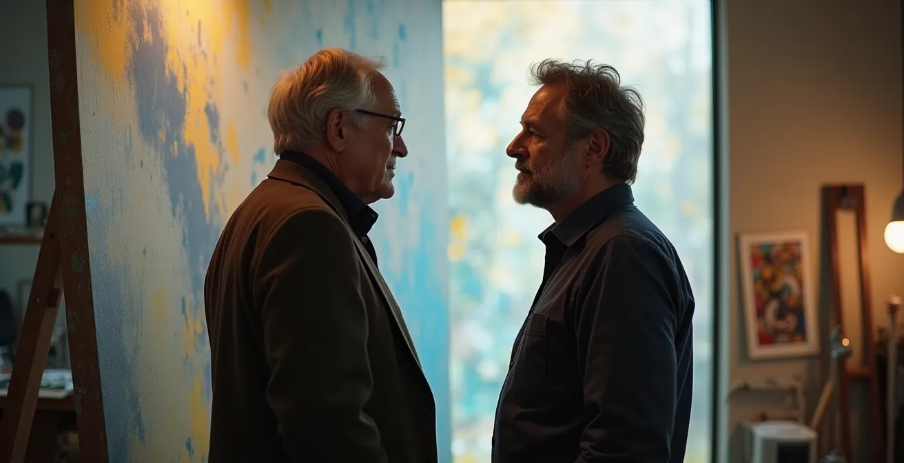 Ein Sammler und ein Künstler im intensiven Gespräch vor einem großformatigen abstrakten Gemälde in einem hellen Atelier.