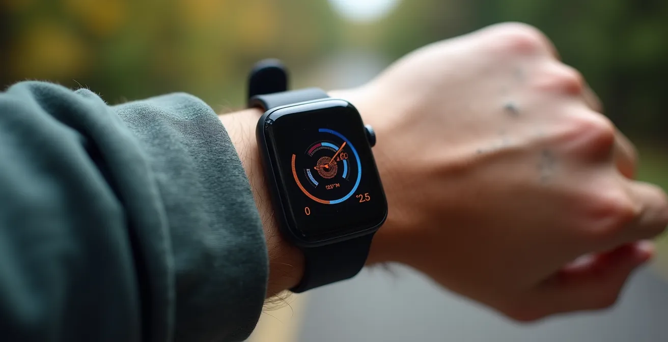 Macro-Aufnahme eines Fitness-Trackers am Handgelenk mit Bewegungsdaten