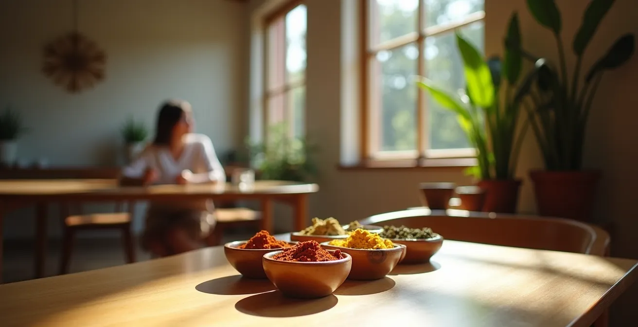 Weitwinkelaufnahme eines minimalistischen Raums mit verschiedenen Gewürzen in kleinen Schalen auf einem Holztisch