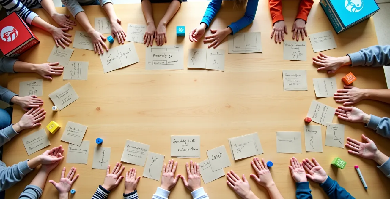 Overhead-Aufnahme eines Tisches mit verschiedenen Brettspielen und Planungsnotizen