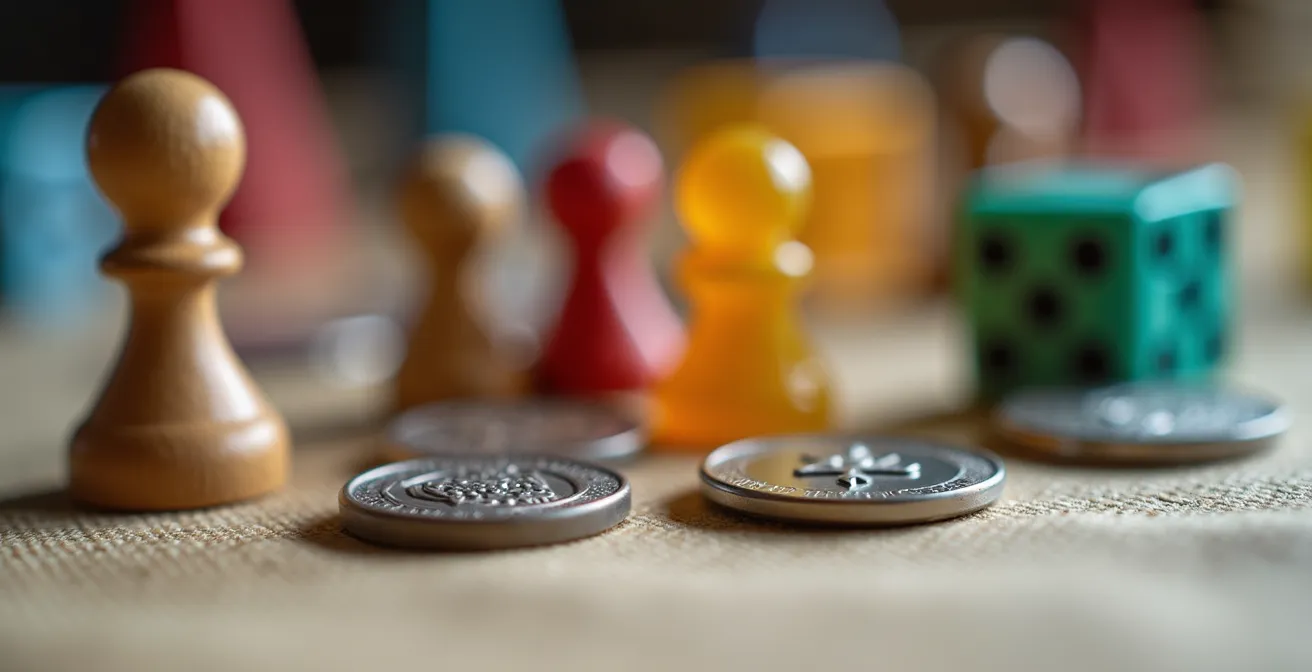 Nahaufnahme verschiedener Spielsteine und Würfel in unterschiedlichen Texturen