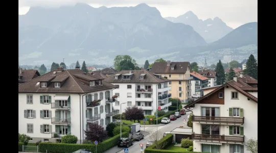 Schweizer Wohnquartier mit Mehrfamilienhäusern und Einfamilienhäusern vor Alpenkulisse – Immobilienpreise Schweiz