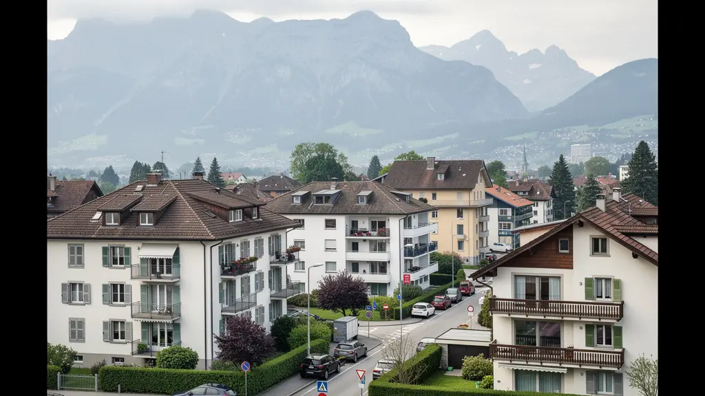 Schweizer Wohnquartier mit Mehrfamilienhäusern und Einfamilienhäusern vor Alpenkulisse – Immobilienpreise Schweiz