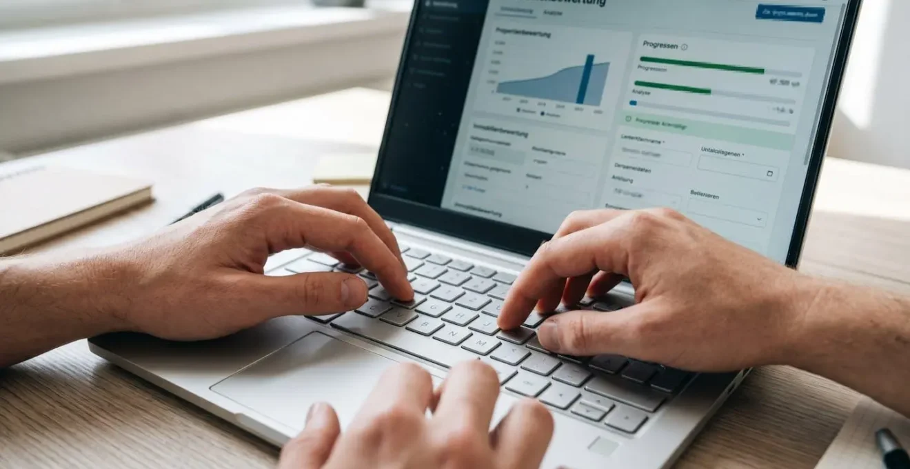 Nahaufnahme von Händen, die auf einer Laptop-Tastatur tippen, im Hintergrund ein unscharfer Bildschirm mit einer Immobilienbewertungs-Oberfläche