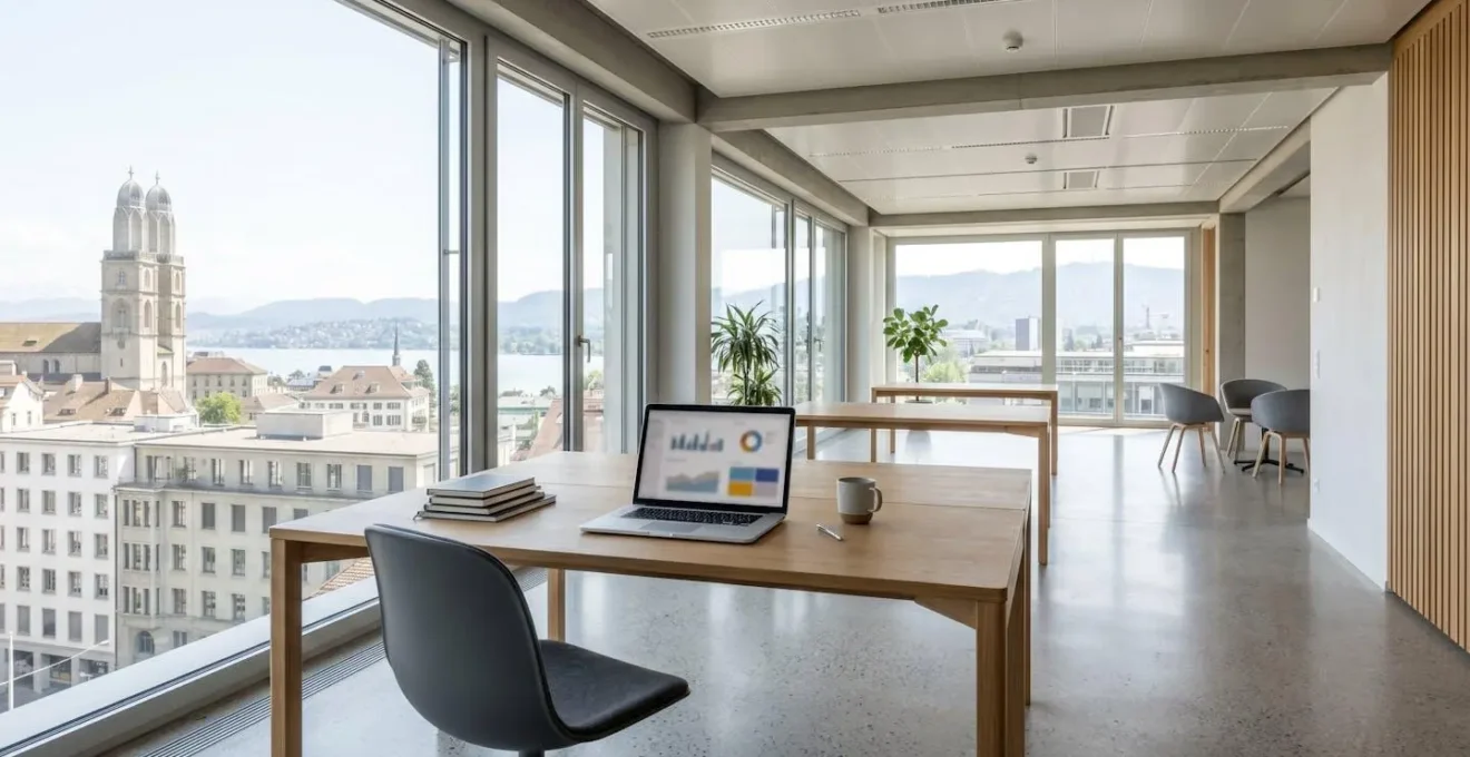 Weitwinkelaufnahme eines modernen, hellen Büros mit grossen Fenstern, auf einem Schreibtisch ein Laptop mit unscharfem Analytics-Dashboard