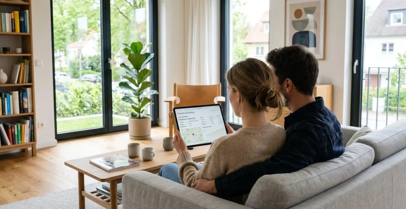 Ein Paar von hinten fotografiert betrachtet gemeinsam eine Immobilienbewertung auf einem Tablet in einem hellen, modernen Wohnzimmer