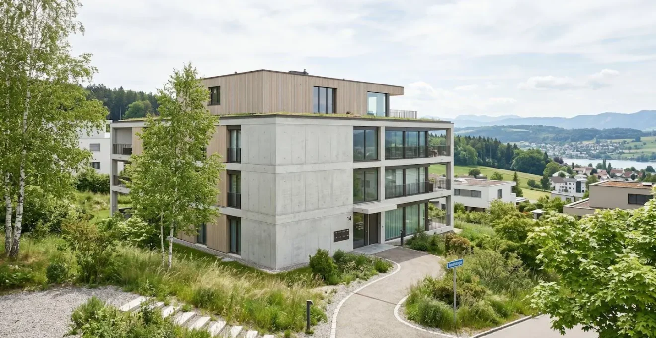 Modernes Schweizer Einfamilienhaus mit typischer Architektur bei natürlichem Tageslicht, klare Linien und zeitgenössische Bauweise
