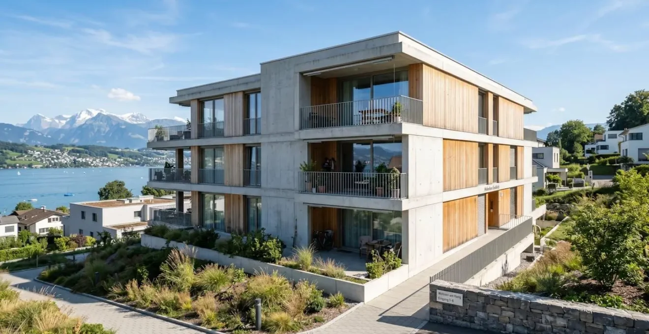 Modernes Schweizer Einfamilienhaus mit typischer Architektur bei natürlichem Tageslicht, klare Linien und zeitgenössische Bauweise
